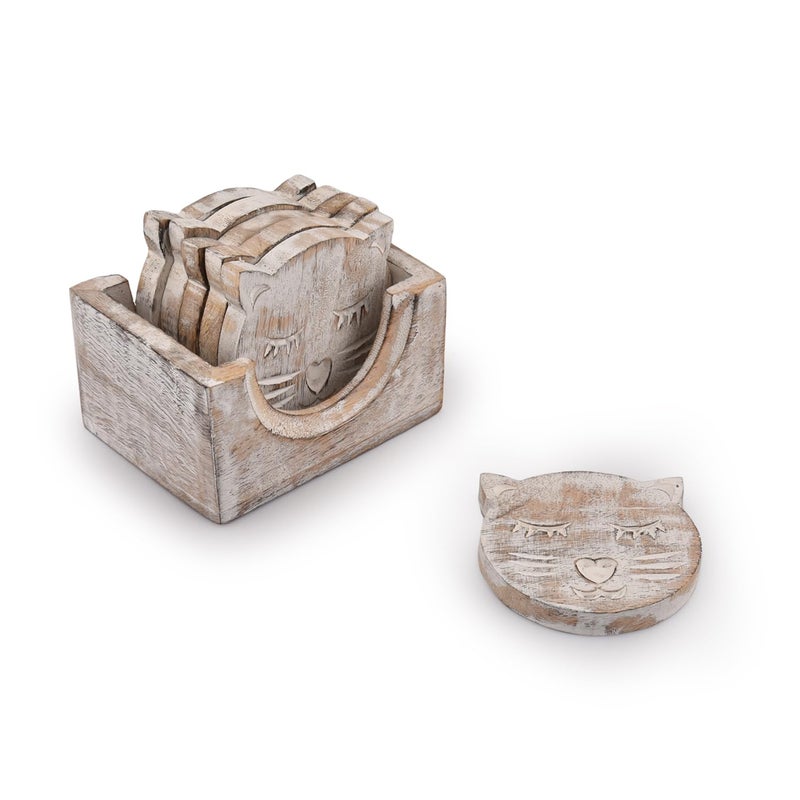 NIRMAN Wooden Crafted Unique Adorable Cat Shaped Coasters Set of 6 with Holder, Bar Dining Table Home DÃ©cor - Image 3